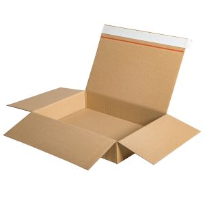 Ge&ouml;ffnete Aufrichteschachtel Fefco 0701, der voll&uuml;berlappende Deckel, Selbstklebeverschluss und Aufrei&szlig;faden sind gut sichtbar.