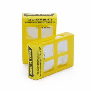 EXCOR EMIBO Typ A VCI-Kapsel, Spender f&uuml;r 0,25 Kubikmeter; gelbe Box mit Tyvek Beutel.