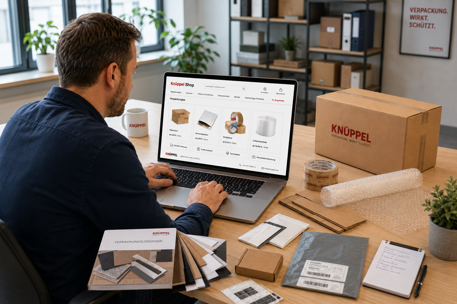 Laptop mit ge&ouml;ffnetem Kn&uuml;ppel Online-Shop und Verpackungsmustern auf einem Arbeitsplatz.