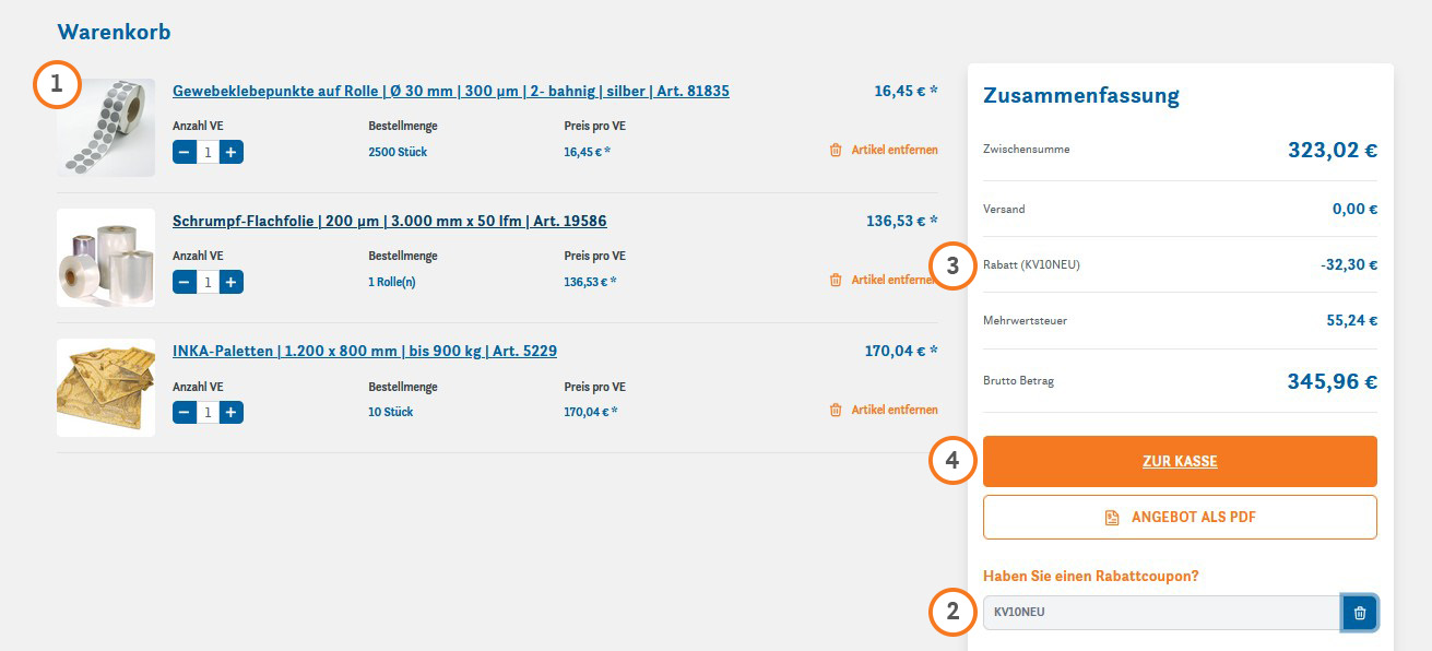 Warenkorb mit dem Button "Zur Kasse" und dem Eingabefeld f&uuml;r den Blue-Week Rabattcoupon